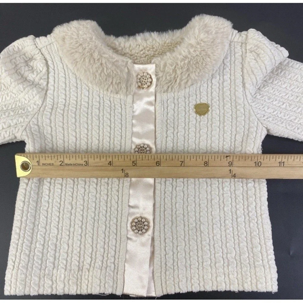 Le Chic Cardigan Kids Size 2 Cream Faux Fur Trim Cable Knit Pearl Button